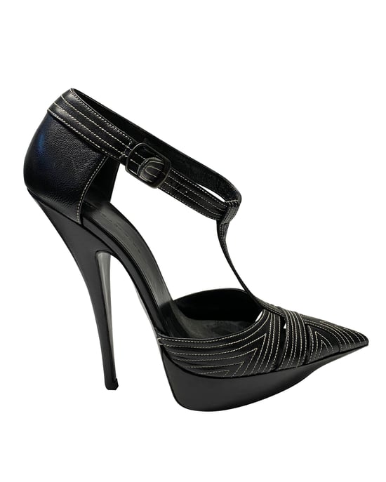 Balenciaga T-Strap Kontraststich Absatzschuhe aus schwarzem Leder - Image 1
