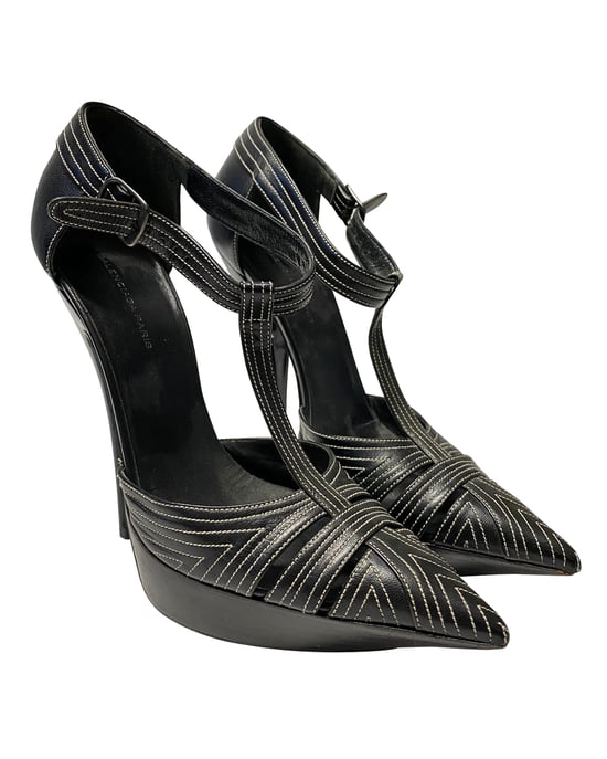 Balenciaga T-Strap Kontraststich Absatzschuhe aus schwarzem Leder - Image 3