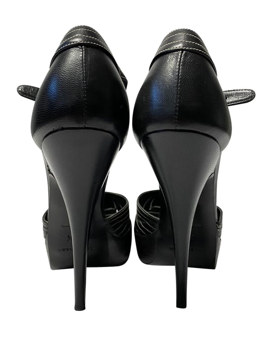 Balenciaga T-Strap Kontraststich Absatzschuhe aus schwarzem Leder - Image 4