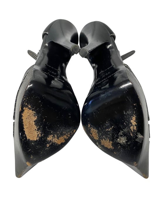 Balenciaga T-Strap Kontraststich Absatzschuhe aus schwarzem Leder - Image 5
