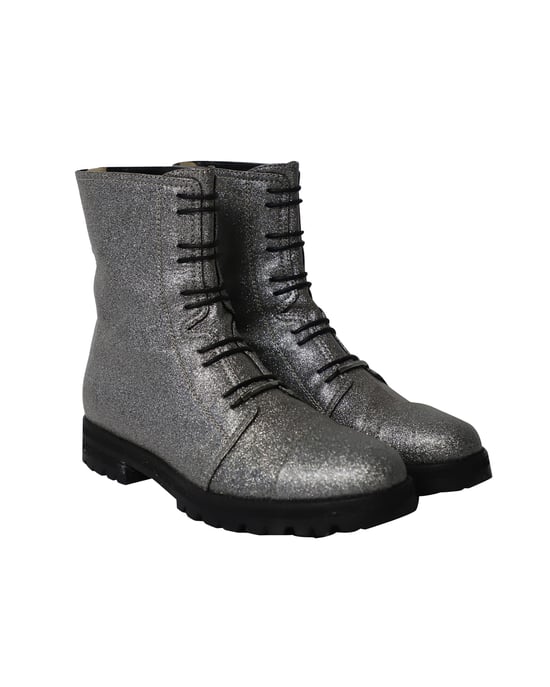 Jimmy Choo Glitzer-Kampfstiefel aus silbernem Polyester - Image 4