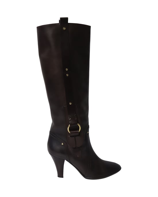 Celine Hochhackige Stiefel mit Schnalle aus braunem Kalbsleder - Image 1