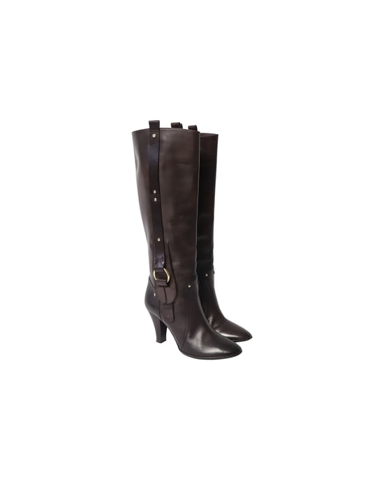 Celine Hochhackige Stiefel mit Schnalle aus braunem Kalbsleder - Image 3