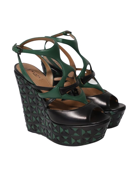 Alaia Laser-Cut Korbgeflecht Wedges aus grüner Leder - Image 3