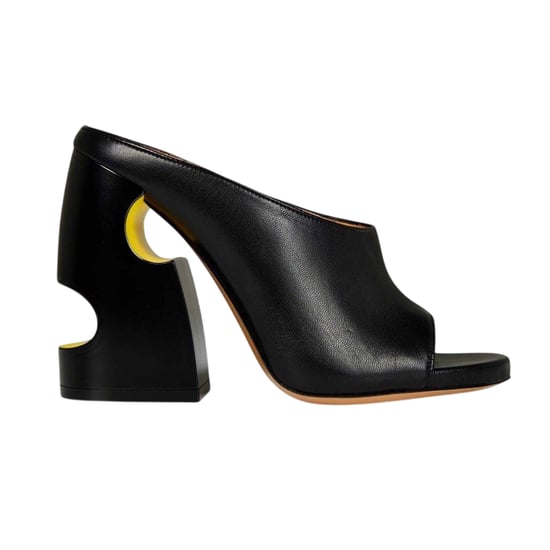 Off White - Ausschnitt Mules für Damen, Leder, Hoher Blockabsatz (Schwarz/Gelb) - Image 1