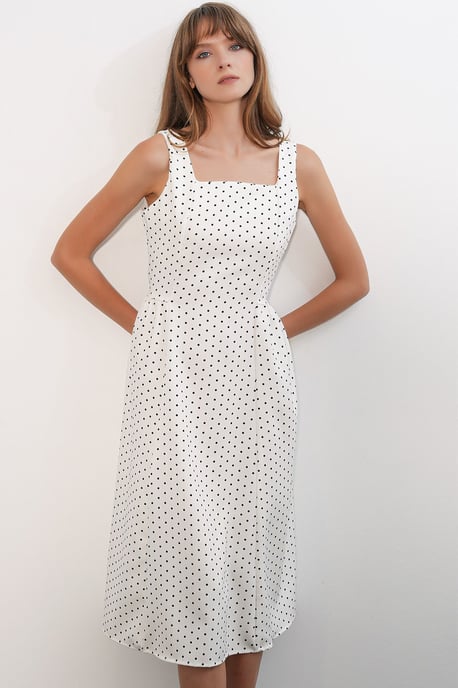 Big Dart A-Linien-Midikleid mit Punkte-Muster - Wollweiß - Image 3