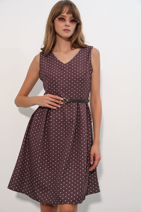 Mit Punkte-Muster Gürtelt Midi A-Linien Kleid - Image 1