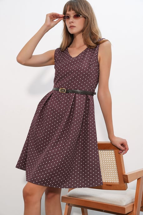 Mit Punkte-Muster Gürtelt Midi A-Linien Kleid - Image 2