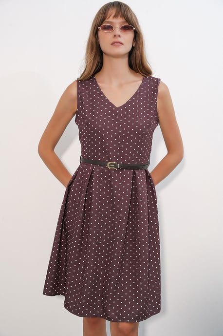 Mit Punkte-Muster Gürtelt Midi A-Linien Kleid - Image 3