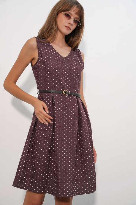 Mit Punkte-Muster Gürtelt Midi A-Linien Kleid - Image 4
