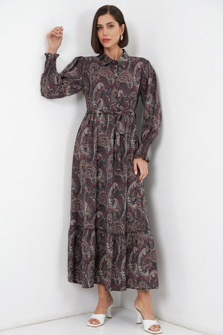 Paisley Gürtelt-Kleid Midi-Shirt - Image 1