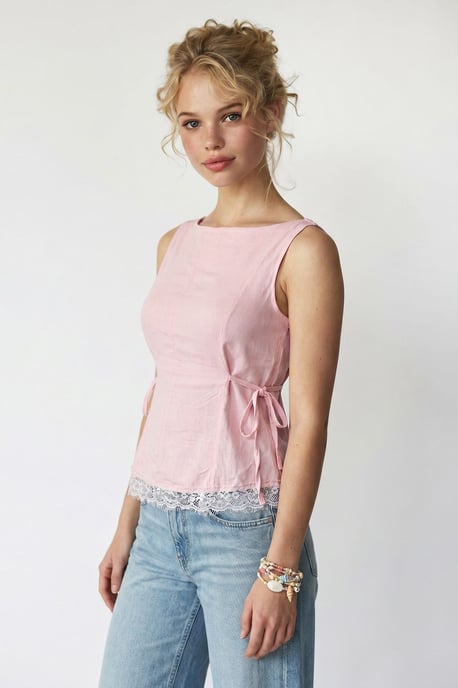 Ärmellose Popeline Bluse mit Knotendetail - Image 3