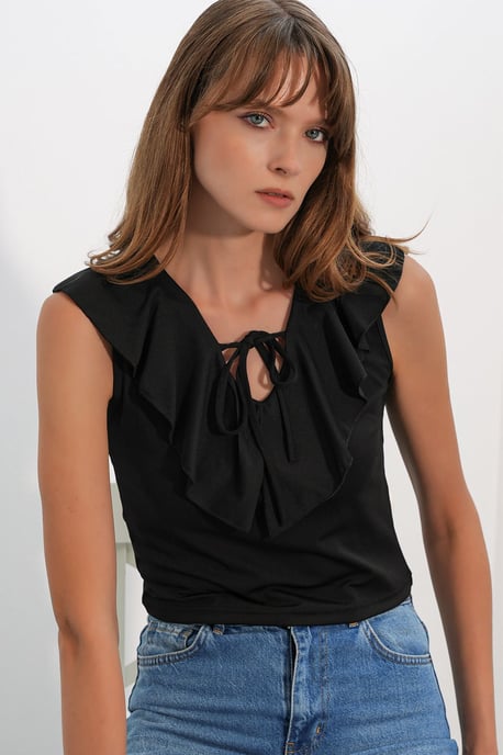 Damen Unifarbene Strick-Crop-Bluse mit Bindeband vorne - Image 2