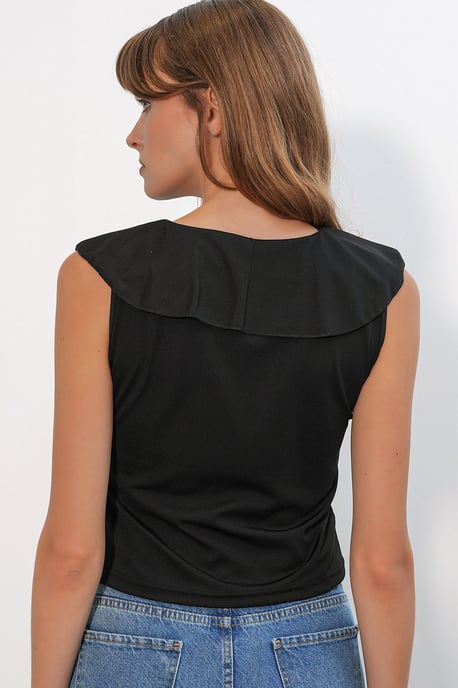 Damen Unifarbene Strick-Crop-Bluse mit Bindeband vorne - Image 5