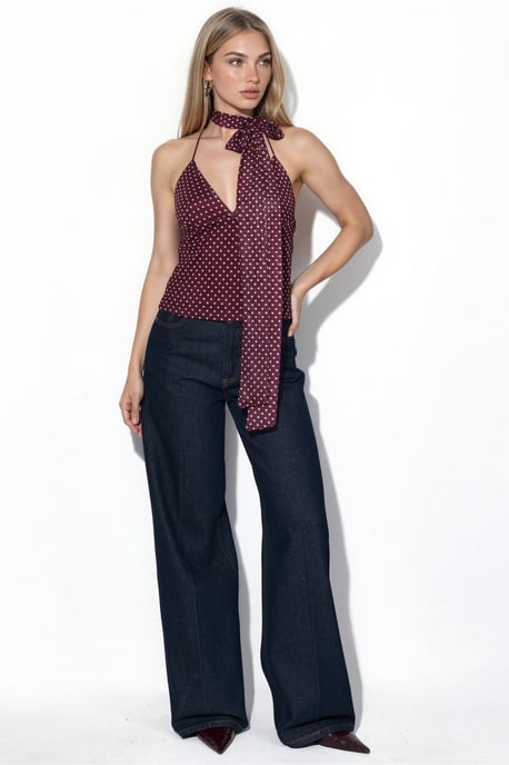 Punkte-Halsband-Tie Tüll-Strickbluse mit Schal - Image 4