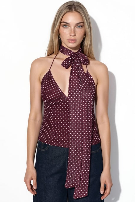 Punkte-Halsband-Tie Tüll-Strickbluse mit Schal - Image 6