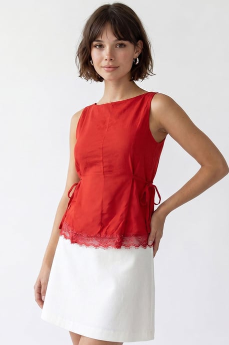 Ärmellose Popeline Bluse mit Knotendetail - Image 4