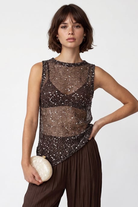 Pailletten ärmellose Rundhalsausschnitt-Bluse - Image 1