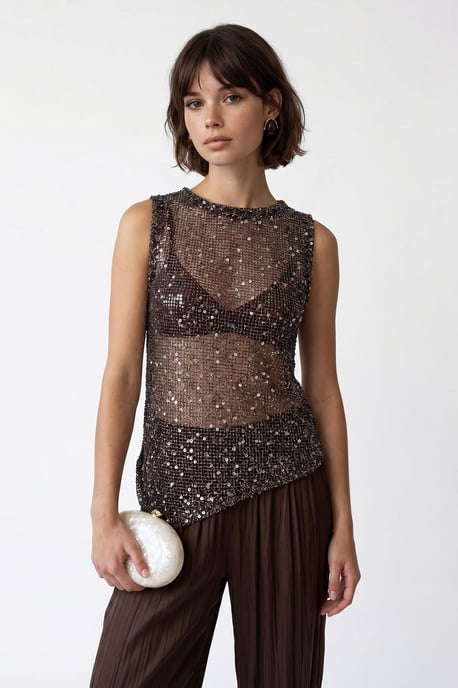 Pailletten ärmellose Rundhalsausschnitt-Bluse - Image 3
