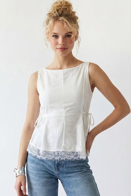 Ärmellose Popeline Bluse mit Krawattenfront - Image 1