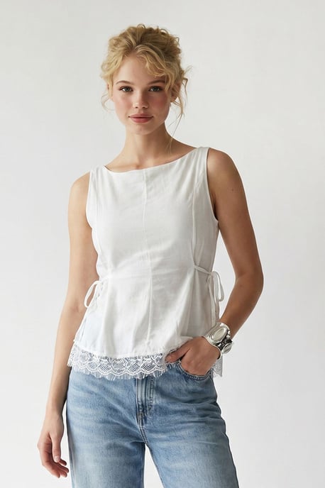 Ärmellose Popeline Bluse mit Krawattenfront - Image 2
