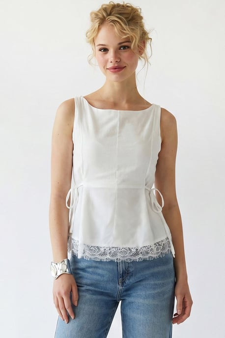 Ärmellose Popeline Bluse mit Krawattenfront - Image 4