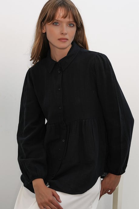 Big Dart Oversized Baumwoll-Langarmhemd - Schwarz - Image 3