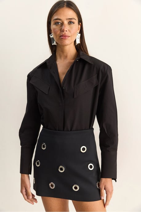 Lässige Langarm-Hemdbluse aus Popeline mit Tasche - Image 1