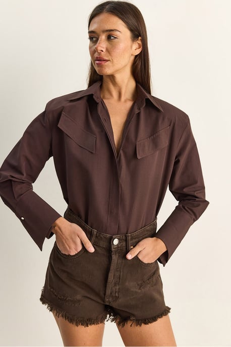 Lässige Langarm-Hemdbluse aus Popeline mit Tasche - Image 1