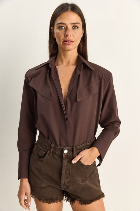 Lässige Langarm-Hemdbluse aus Popeline mit Tasche - Image 2