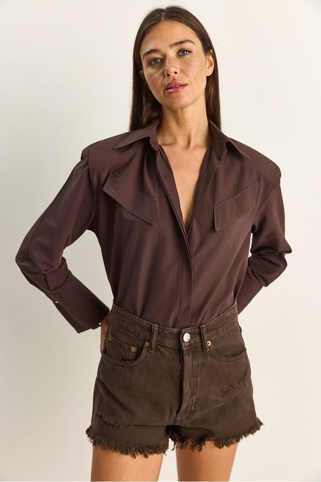 Lässige Langarm-Hemdbluse aus Popeline mit Tasche - Image 3