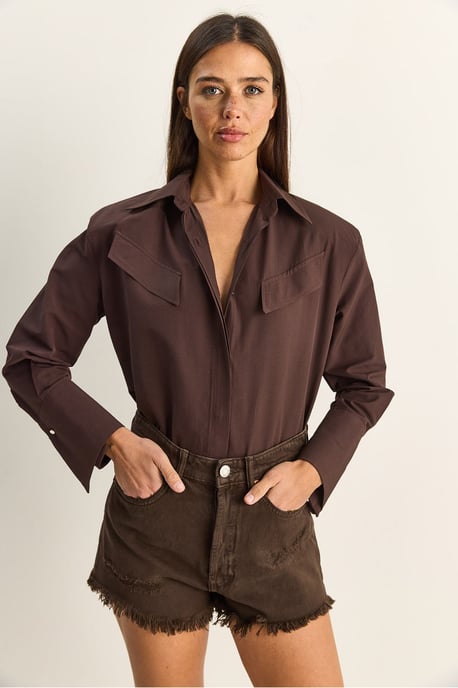 Lässige Langarm-Hemdbluse aus Popeline mit Tasche - Image 4