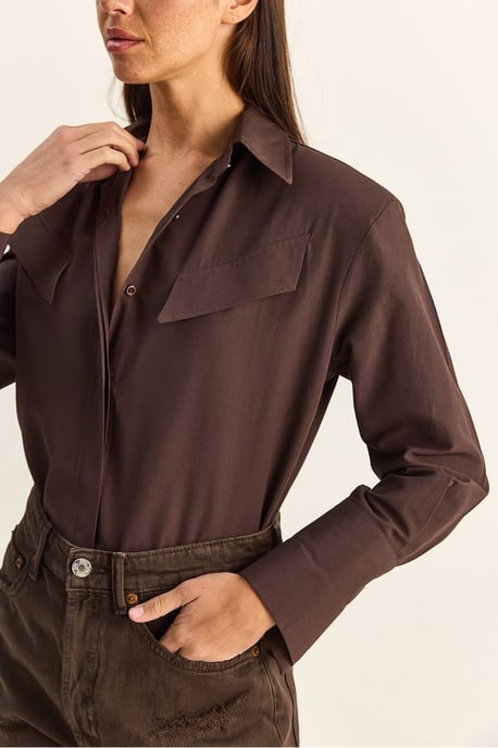 Lässige Langarm-Hemdbluse aus Popeline mit Tasche - Image 6