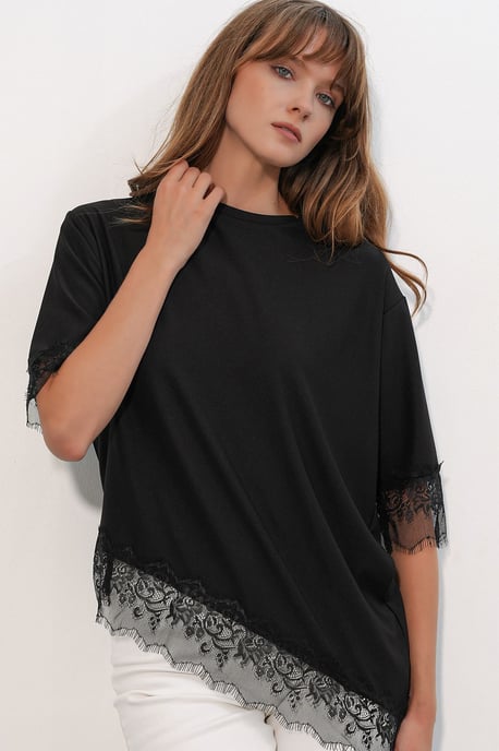 Big Dart Oversized Spitzenstrickbluse - Schwarz - Image 3