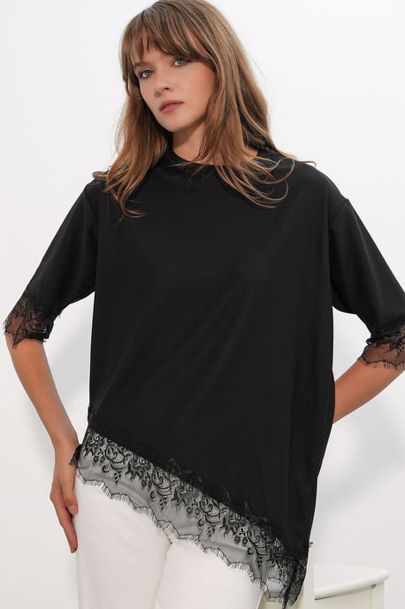 Big Dart Oversized Spitzenstrickbluse - Schwarz - Image 4