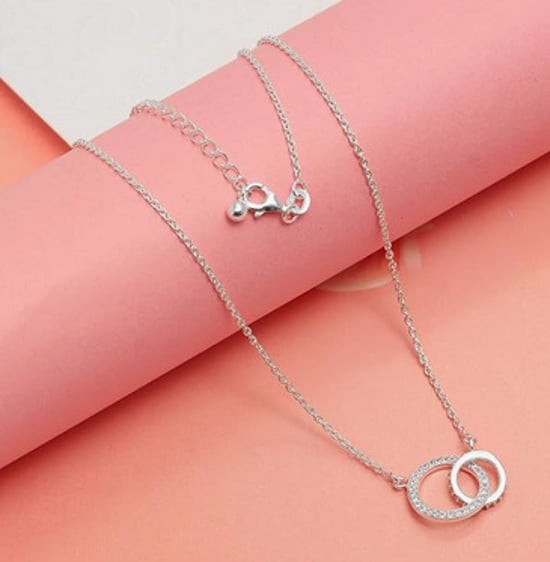Damen Silberne Halskette mit Doppelring und Zirkonia 925 Sterling Silber BICLL040 - Image 2