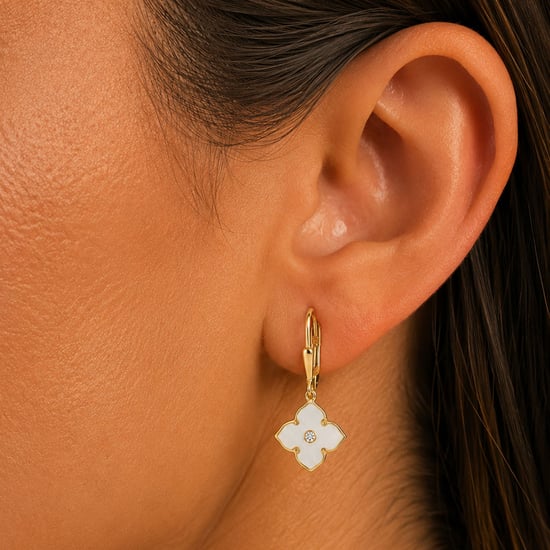 Damen Silberohrringe mit Goldbeschichtung, Kleeblatt-Design, Perlmutt und Zirkonia BIPE080 - Image 2