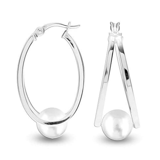 Damen Ovale Creolen mit Weißen Perlen, 925 Sterlingsilber BIPE030 - Image 1