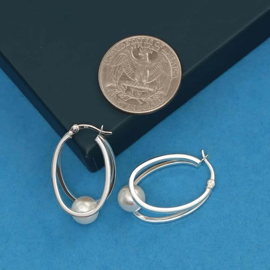 Damen Ovale Creolen mit Weißen Perlen, 925 Sterlingsilber BIPE030 - Image 3