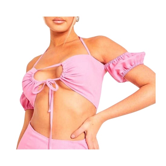 Missy Empire - Kurzes Top für Damen, Vorne gebunden, Leinen (Pink) - Image 2