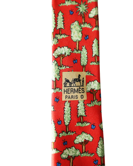 Hermes Trees Printed Tie in Red Silk - Image 3