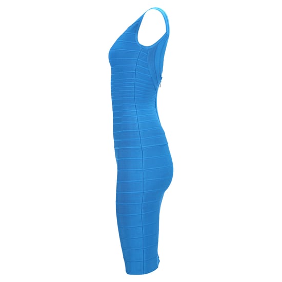 Herve Leger Midikleid mit weitem Ausschnitt und Bandagenmuster aus blauem Viskose - Image 2