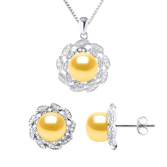 Schmuck Halskette & Ohrringe FLOWER Sweet Water Perlen Golden 9-10 mm 925 - Image 1