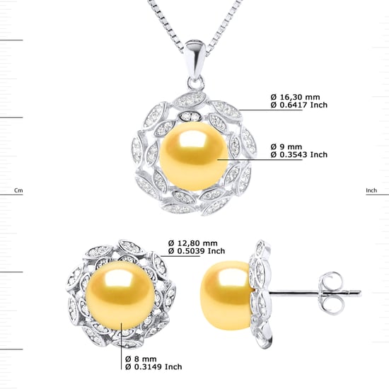 Schmuck Halskette & Ohrringe FLOWER Sweet Water Perlen Golden 9-10 mm 925 - Image 3