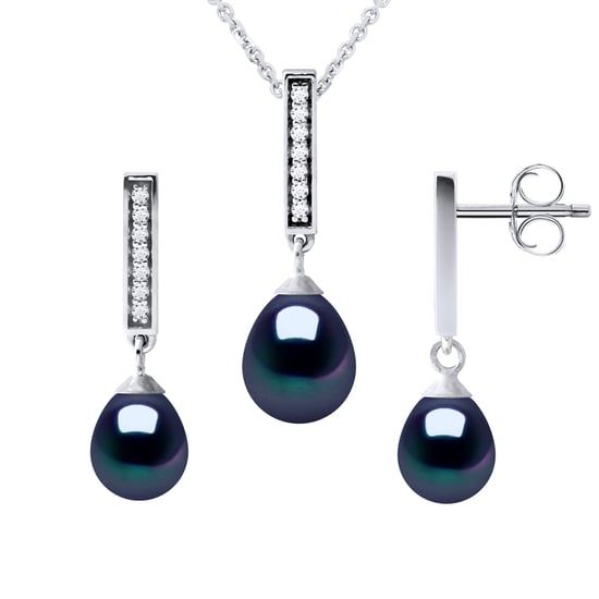 Finery Montaigne Halskette & Ohrringe baumeln schwarz Süßwasserperle 925 - Image 1