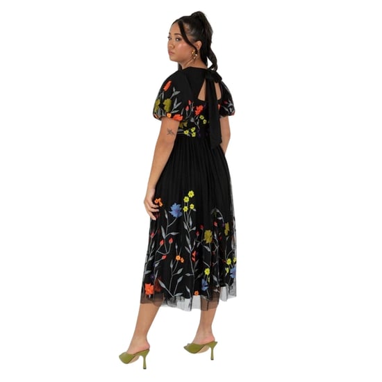 Maya Deluxe - Midikleid für Damen, Rundhalsausschnitt, Puffärmel (Schwarz) - Image 3