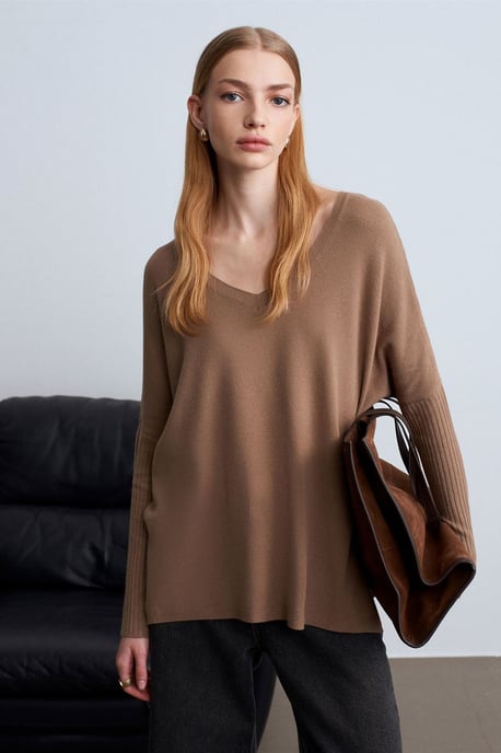 Damen V-Ausschnitt Rippstrickpullover - Image 1