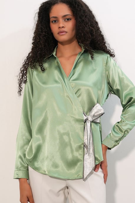 Damen Satin Krawatten-Front Hemd - Image 4