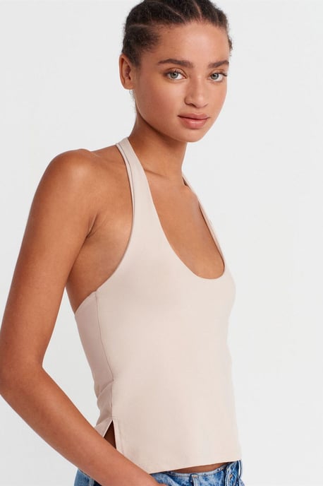 Damen Slim Fit Halterneck Cut-Out Top - Image 3
