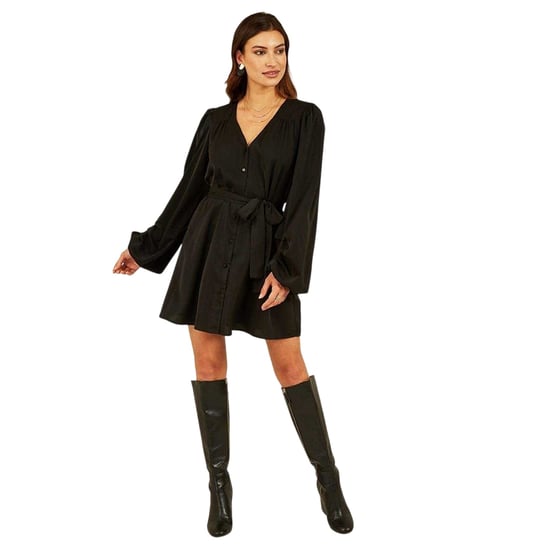 Mela London - Mini Shirt Dress für Damen, V-Ausschnitt, Ballonärmel (Schwarz) - Image 3